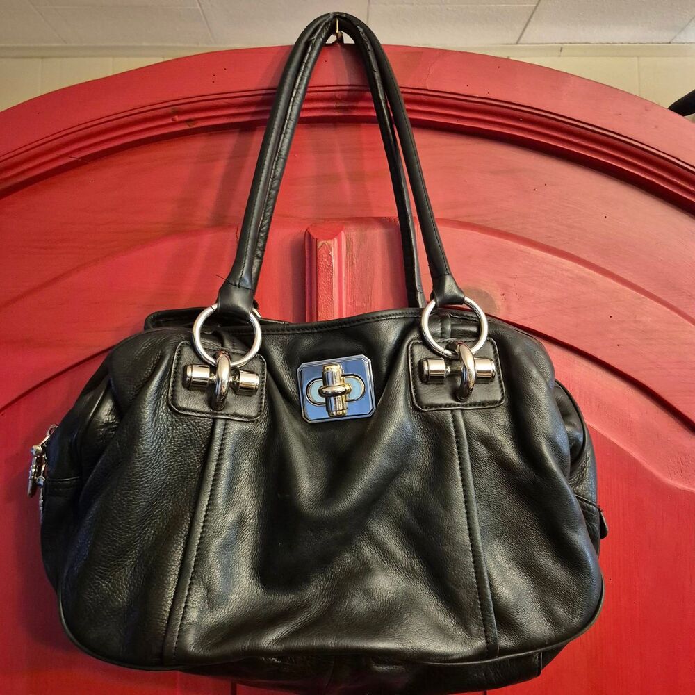 B. Maskowski GORGEOUS Supple Black Leather Satchel Purse Silver Gold Accents EUC